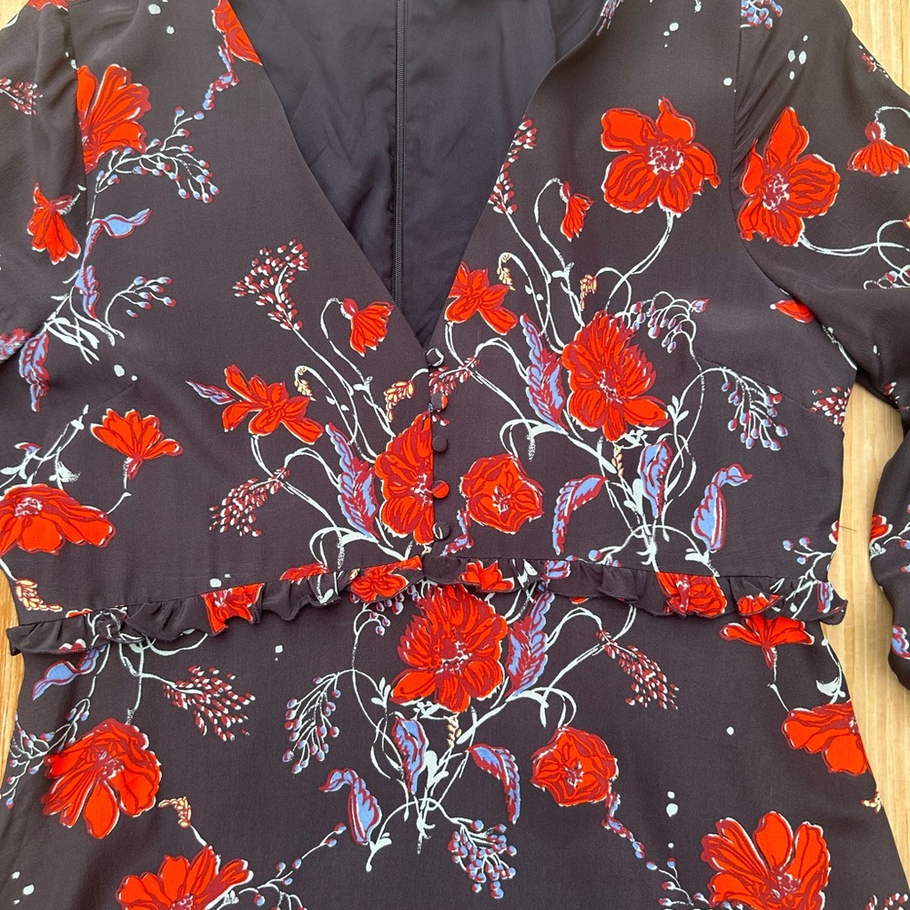 MADEWELL Silk Ruffle-Waist Dress in Windblown Poppies 3/4 sleeve mini SZ 12 EUC - Picture 6 of 15